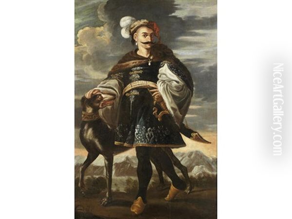 Portrait Of A Turk, Standing Full-length, In A Dark Blue Embroidered Coat With A Fur Stole And A Feathered Cap, A Hound At His Side, In A Landscape Oil Painting by Giovanni Francesco Cassana