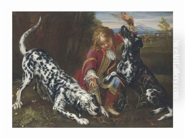 A Young Boy In Livery With Two English Setters In A Landscape by Niccolo Cassana