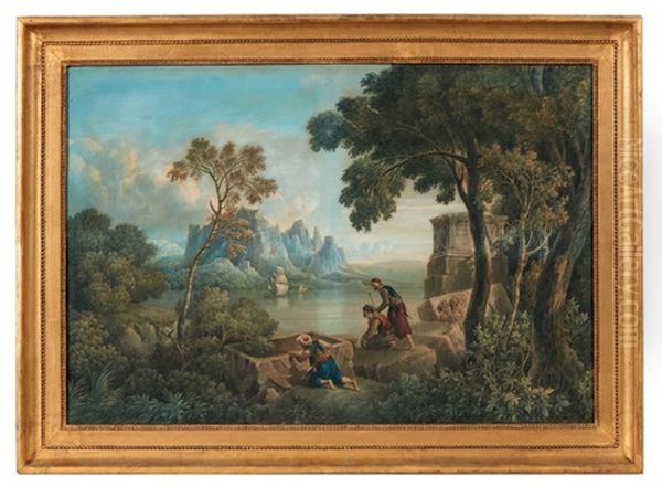 Personnages Devant Une Tombe En Ruines Dans Un Paysage Fluvial Oil Painting by Louis Francois Cassas