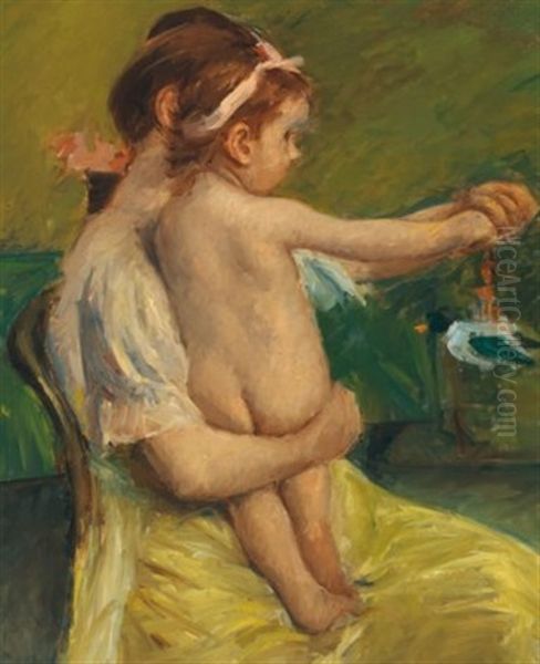 Mother Holding A Nude Baby Playing With A Toy Duck Oil Painting by Mary Cassatt