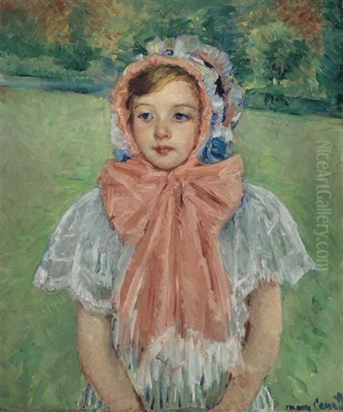 Girl In A Bonnet Tied With A Large Pink Bow Oil Painting by Mary Cassatt