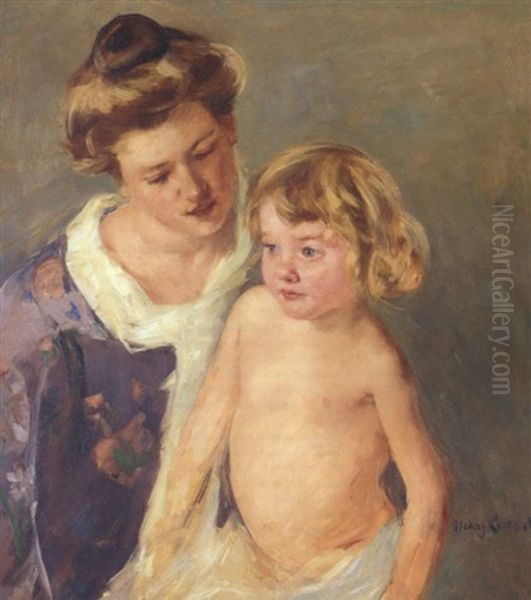 Jules Standing By His Mother (apres Le Bain) Oil Painting by Mary Cassatt