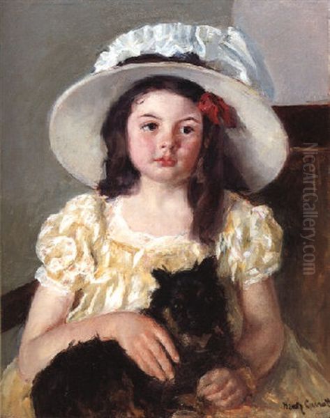 Francoise Holding A Little Black Dog Oil Painting by Mary Cassatt