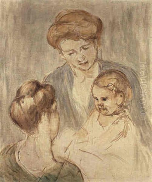 Bebe Souriant A Deux Jeunes Filles Oil Painting by Mary Cassatt