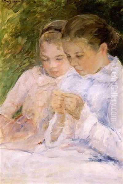 Two Young Women: One Threading A Needle Oil Painting by Mary Cassatt