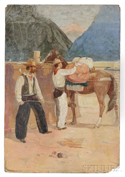 Cowboys Loading Their Gear Oil Painting by Gerald Cassidy