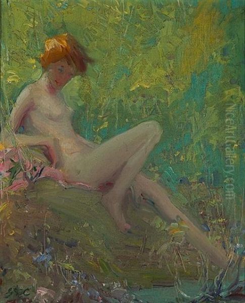 Kiki (a Nude By A Woodland Pool) Oil Painting by Gerald Cassidy