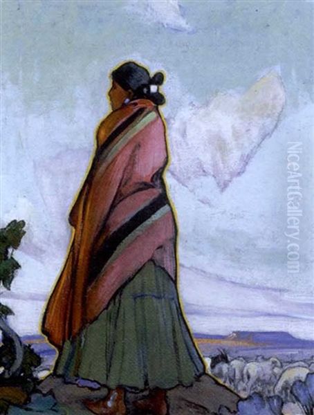 Navajo Shepherdess Oil Painting by Gerald Cassidy