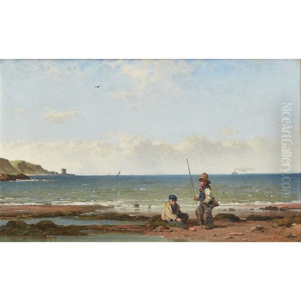 Young Fishers Lunan Bay Oil Painting by James Cassie