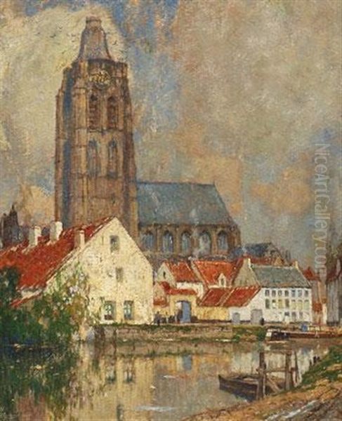 Teilansicht Der Hollandischen Stadt Oudenarde, Partie Am Wasser Mit Kathedrale Oil Painting by Hendrick Cassiers