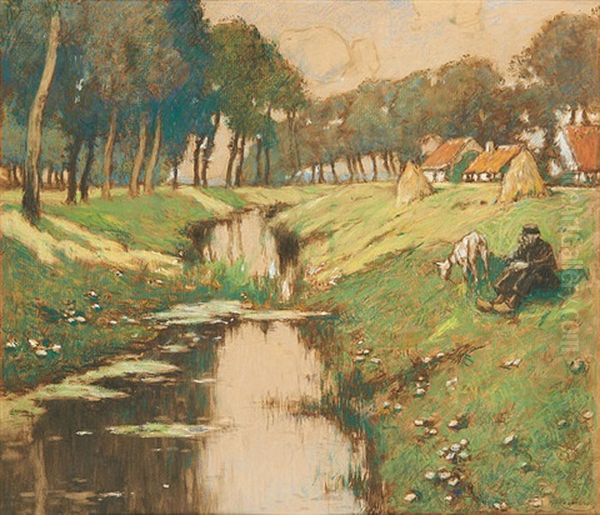 Berger Au Bord Du Ruisseau En Ete Oil Painting by Hendrick Cassiers