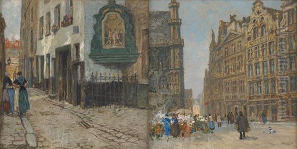 Rue Bruxelloise Animee Et Marche Aux Fleurs A La Grand Place De Bruxelles (2 Works) Oil Painting by Hendrick Cassiers