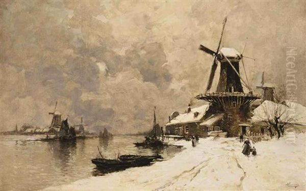 Windmills Along A Canal In Winter Oil Painting by Hendrick Cassiers