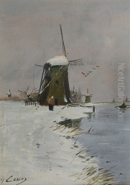 Dutch Winter Landscape With Mills Along A Canal Oil Painting by Hendrick Cassiers