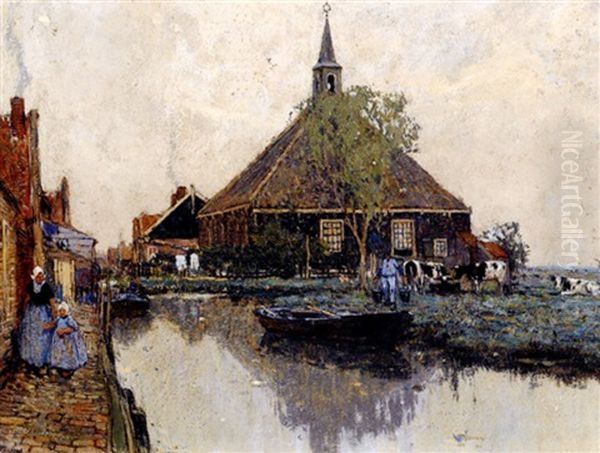 Kanalansicht Mit Weidenden Kuhen, Dorfstrase Und Personenstaffage Oil Painting by Hendrick Cassiers