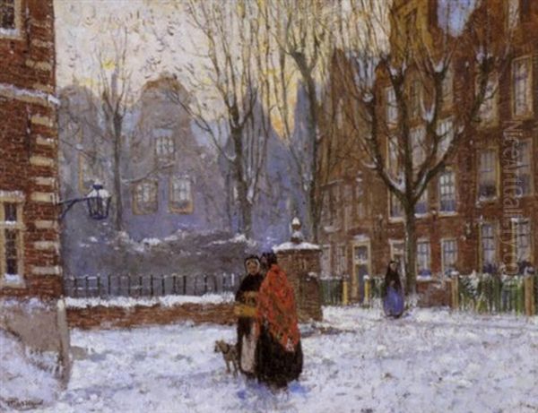 Het Gesprek - Besneeuwde Straat Te Amsterdam Oil Painting by Hendrick Cassiers