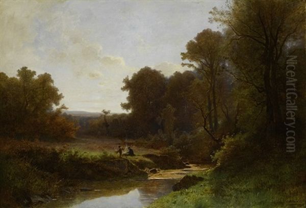 Bewaldete Landschaft Mit Flusslauf Oil Painting by Elisee Jules Gustave Castan