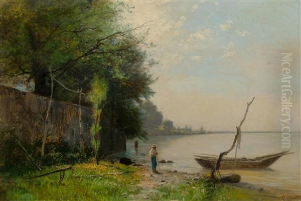 Lake Geneva With Fisherman On The Shore Oil Painting by Gustave Castan