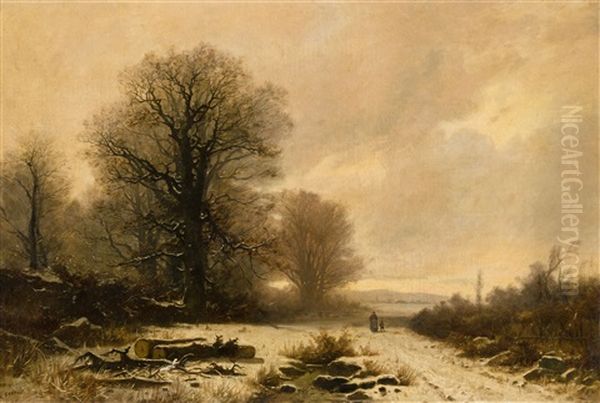 Baumbestandene Winterlandschaft Mit Bauerin Und Kind Oil Painting by Gustave Castan