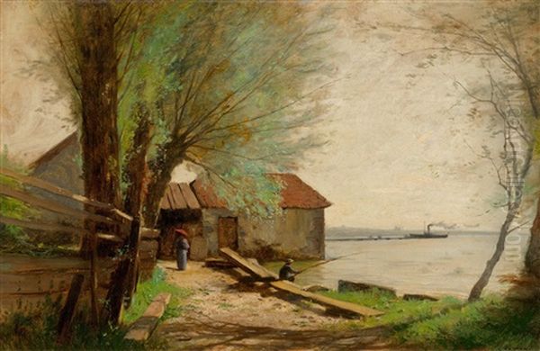 Landscape At Lake Geneva With A Steamboat Oil Painting by Gustave Castan