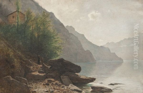 Vue Du Lac Des Quatre Cantons, Prise Des Rives De Brenner (suisse) Oil Painting by Gustave Castan