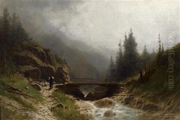 Bergbach Mit Bauerin An Einer Brucke. Der Letzte Gang Vor Dem Gewitter Oil Painting by Gustave Castan