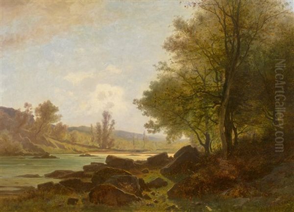 Paysage De Riviere Oil Painting by Gustave Eugene Castan