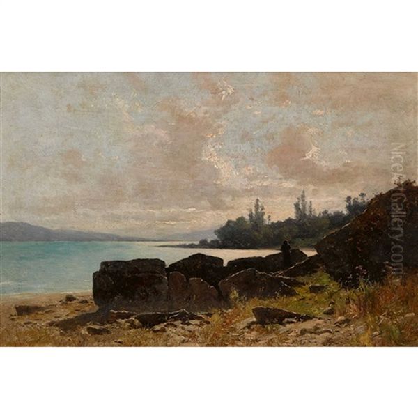 La Pointe De La Lance Au Lac De Neuchatel Oil Painting by Gustave Eugene Castan