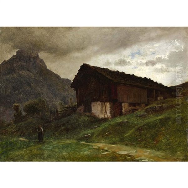 Alphutte Mit Bauerin Oil Painting by Gustave Eugene Castan