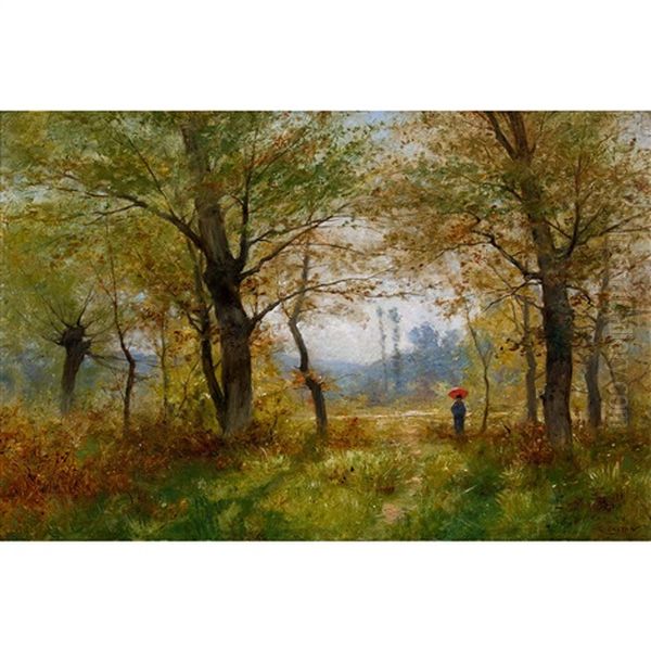 Dame Mit Rotem Schirm Im Sonnigen Wald Oil Painting by Gustave Eugene Castan