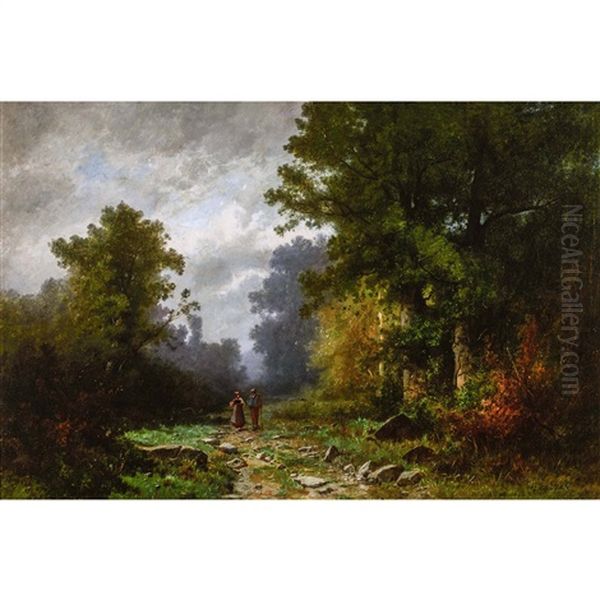 Romantischer Waldweg Mit Paar Oil Painting by Gustave Eugene Castan