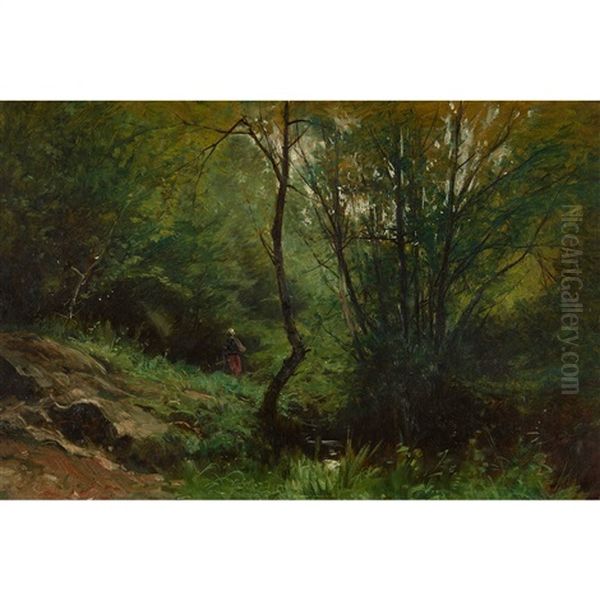 Waldweg Mit Bauerin Oil Painting by Gustave Eugene Castan