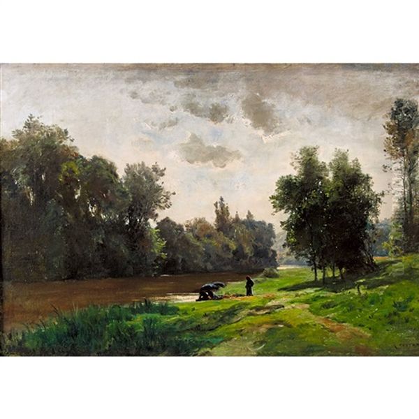 Sommerliche Flusslandschaft Mit Rastenden Oil Painting by Gustave Eugene Castan