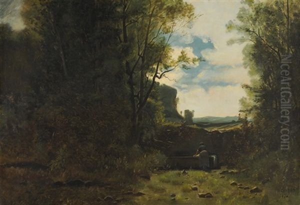 Waldlichtung Mit Wascherin An Brunnen Oil Painting by Gustave Eugene Castan