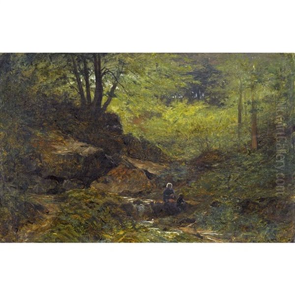 Bauerin Mit Kind Am Waldbach Oil Painting by Gustave Eugene Castan