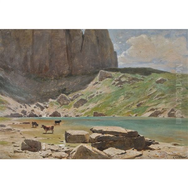 Weidende Kuhe Am Sonnigen Bergsee Oil Painting by Gustave Eugene Castan