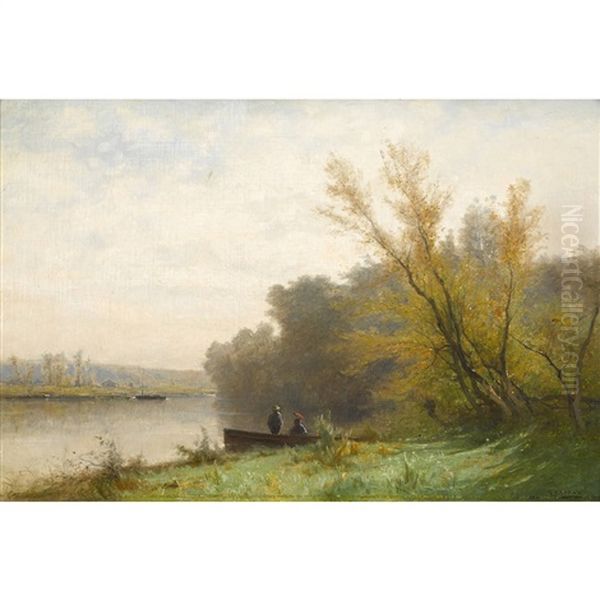 Flusslandschaft Mit Ruderboot Und Staffage Oil Painting by Gustave Eugene Castan