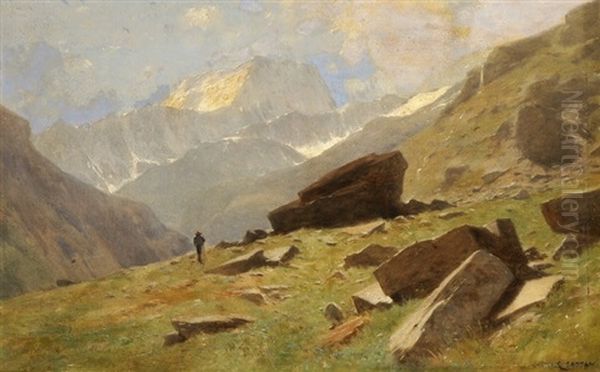 Vue Du Valais - A Mauvoisin - Le Fond De La Vallee Et Mont Brule Oil Painting by Gustave Eugene Castan