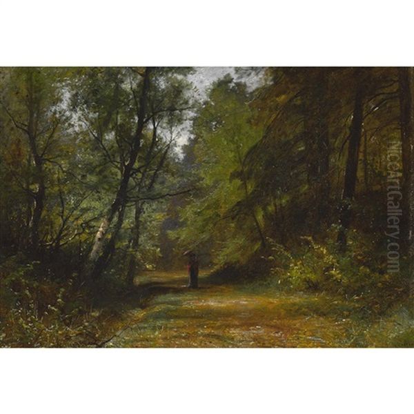 Dame Mit Sonnenschirm Auf Einem Waldweg Oil Painting by Gustave Eugene Castan