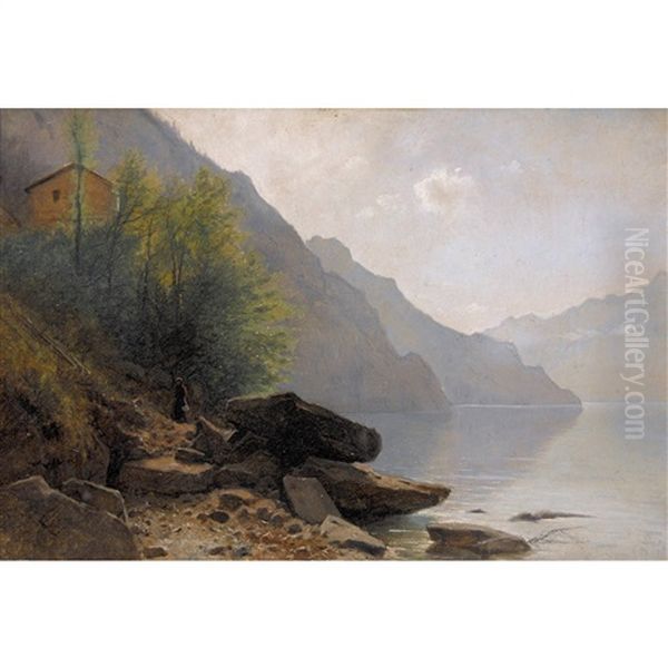 Femme Au Bord Du Lac Des Quatre-cantons Oil Painting by Gustave Eugene Castan