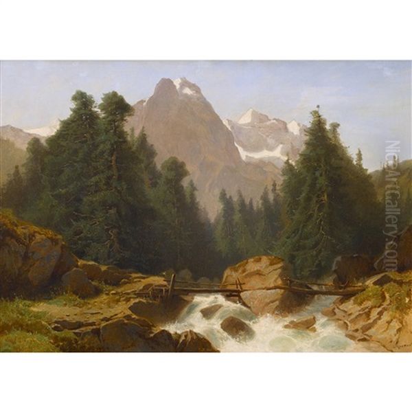 Gebirgsbach Mit Well- Und Wetterhorn Von Der Rosenlaui Aus Oil Painting by Gustave Eugene Castan