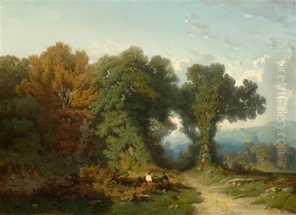 Two Wood Cutters At The Forest Edge Oil Painting by Gustave Eugene Castan