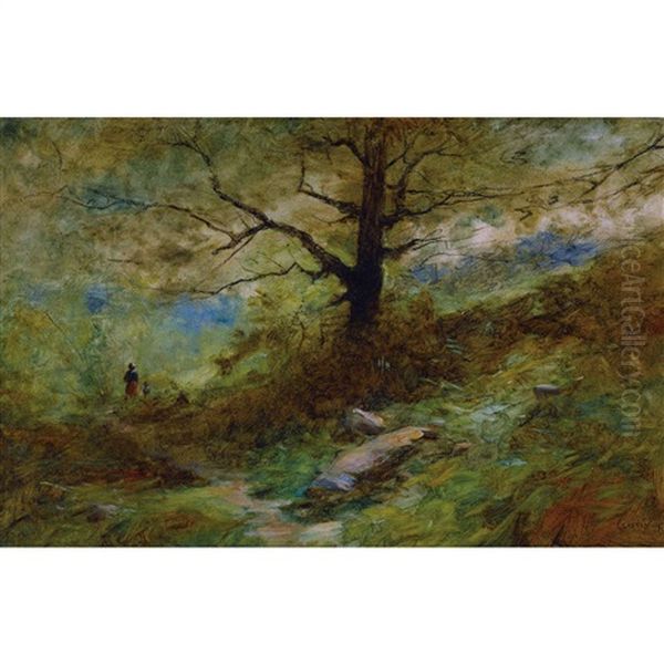 Waldweg Mit Bauerin Und Kind Oil Painting by Gustave Eugene Castan