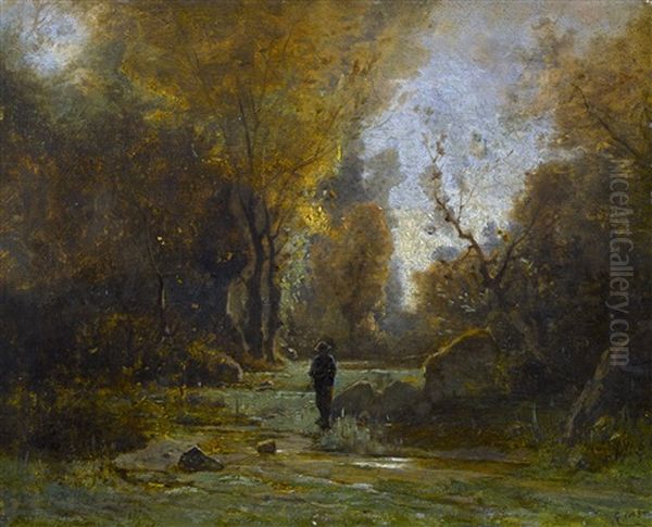 Pecheur Dans Une Riviere Boisee by Gustave Eugene Castan