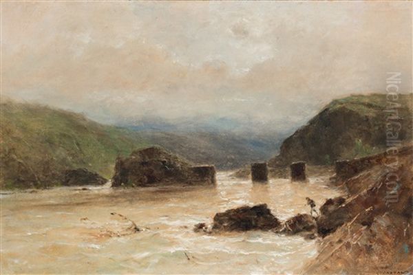 Felsige Kustenlandschaft Mit Ruinen In Der Normandie Oil Painting by Gustave Eugene Castan