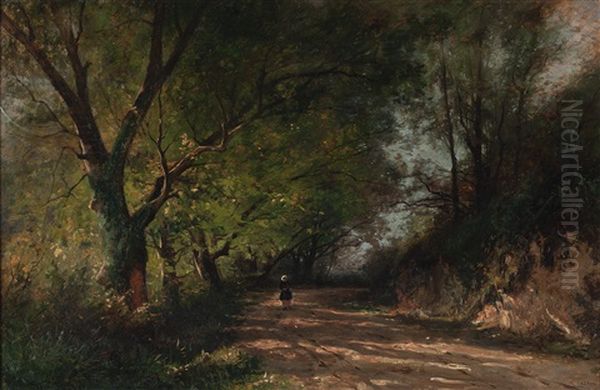 Sonnenbeschienener Waldweg Mit Spaziergangerin Oil Painting by Gustave Eugene Castan