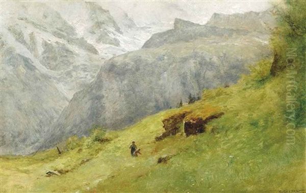 Children Picking Flowers In An Alpine Landscape Oil Painting by Gustave Eugene Castan