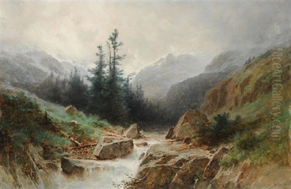 Die Handeck Bei Aufkommendem Gewitter Oil Painting by Gustave Eugene Castan