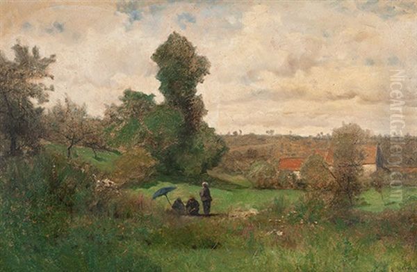 Sommerlandschaft Mit Bauernhausern Und Spaziergangerinnen Oil Painting by Gustave Eugene Castan