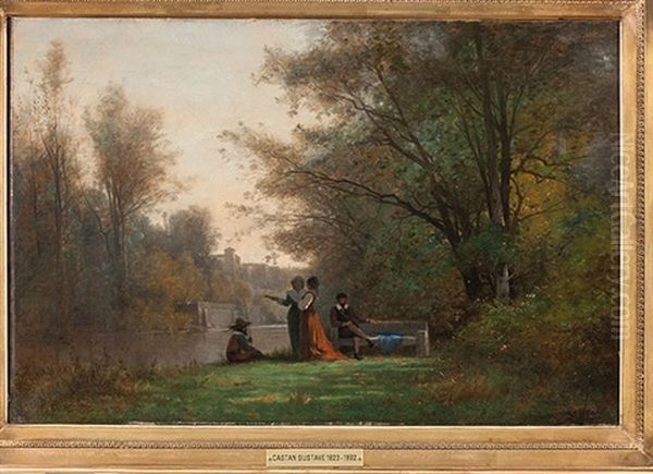 Baumreiche Flusslandschaft Mit Spaziergangern Oil Painting by Gustave Eugene Castan